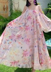 Cute Pink Print Ruffled Patchwork Chiffon Long Dress Short Sleeve 3