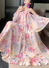 Cute Pink Print Ruffled Patchwork Chiffon Long Dress Short Sleeve 4