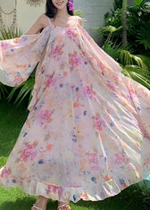 Cute Pink Print Ruffled Patchwork Chiffon Long Dress Short Sleeve 5