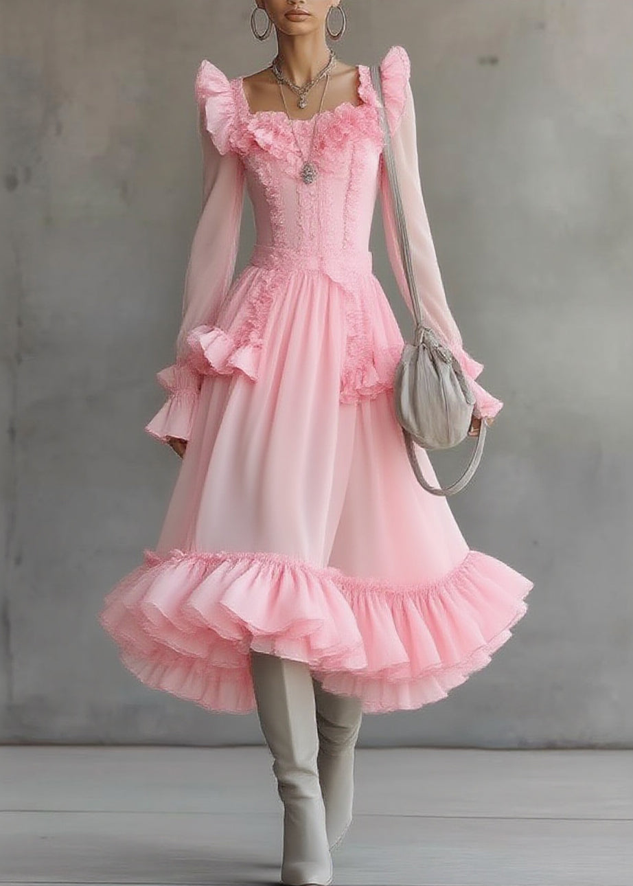 Cute Pink Square Collar Ruffled Patchwork Tulle Maxi Dress Lantern Sleeve