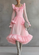 Cute Pink Square Collar Ruffled Patchwork Tulle Maxi Dress Lantern Sleeve