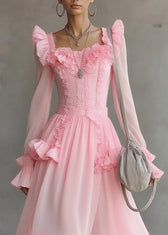 Cute Pink Square Collar Ruffled Patchwork Tulle Maxi Dress Lantern Sleeve 2