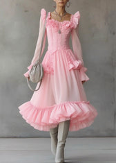 Cute Pink Square Collar Ruffled Patchwork Tulle Maxi Dress Lantern Sleeve 3