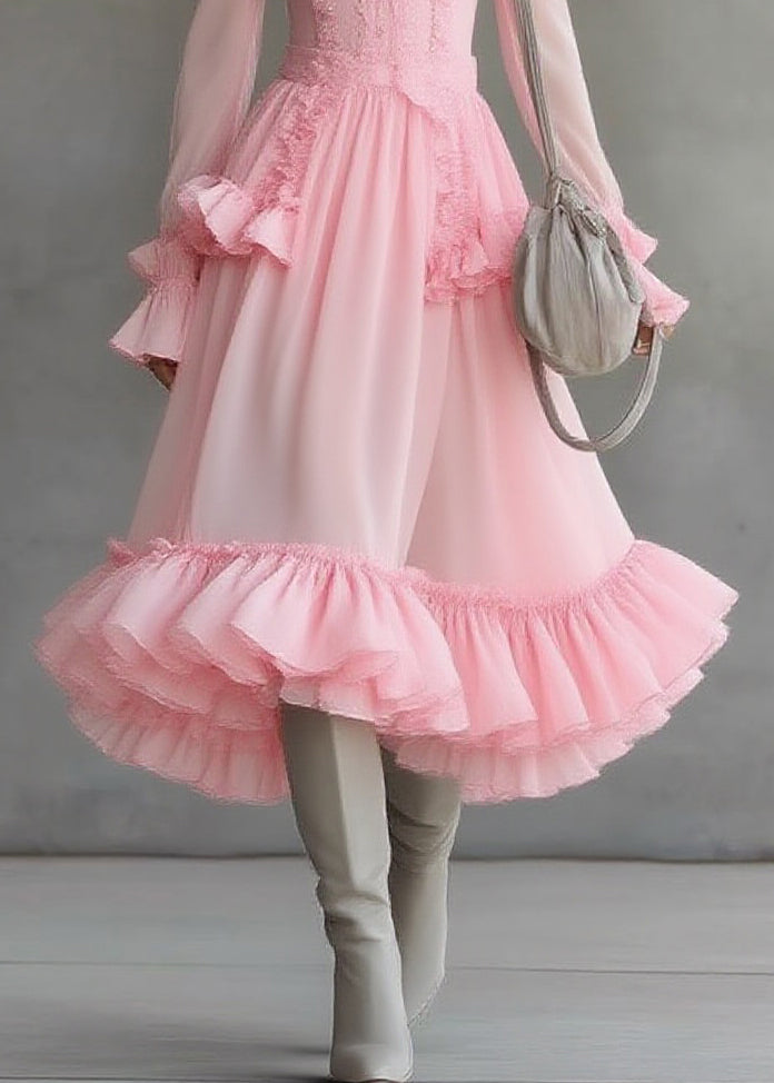 Cute Pink Square Collar Ruffled Patchwork Tulle Maxi Dress Lantern Sleeve 4