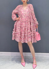 Cute Pink V Neck Ruffled Patchwork Print Chiffon Mid Dress Long Sleeve 2