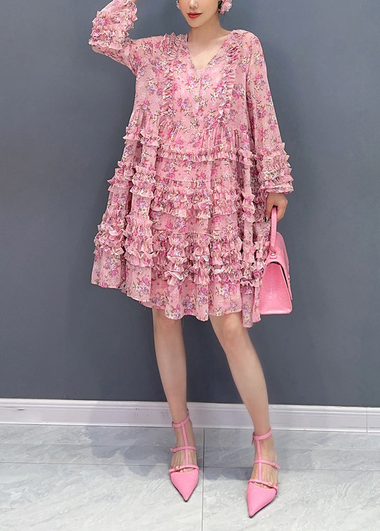 Cute Pink V Neck Ruffled Patchwork Print Chiffon Mid Dress Long Sleeve 3