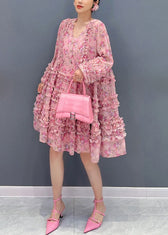 Cute Pink V Neck Ruffled Patchwork Print Chiffon Mid Dress Long Sleeve 4