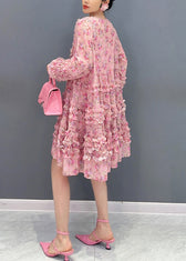 Cute Pink V Neck Ruffled Patchwork Print Chiffon Mid Dress Long Sleeve 5