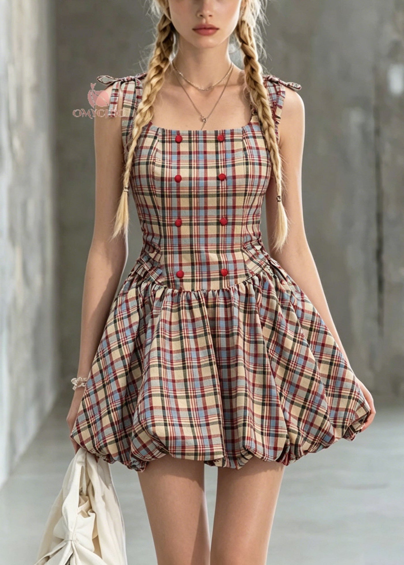 Cute Square Collar Plaid Lace Up Cotton Mini Dress Summer