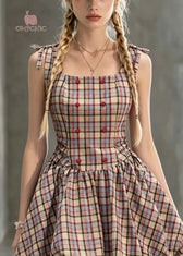 Cute Square Collar Plaid Lace Up Cotton Mini Dress Summer 2