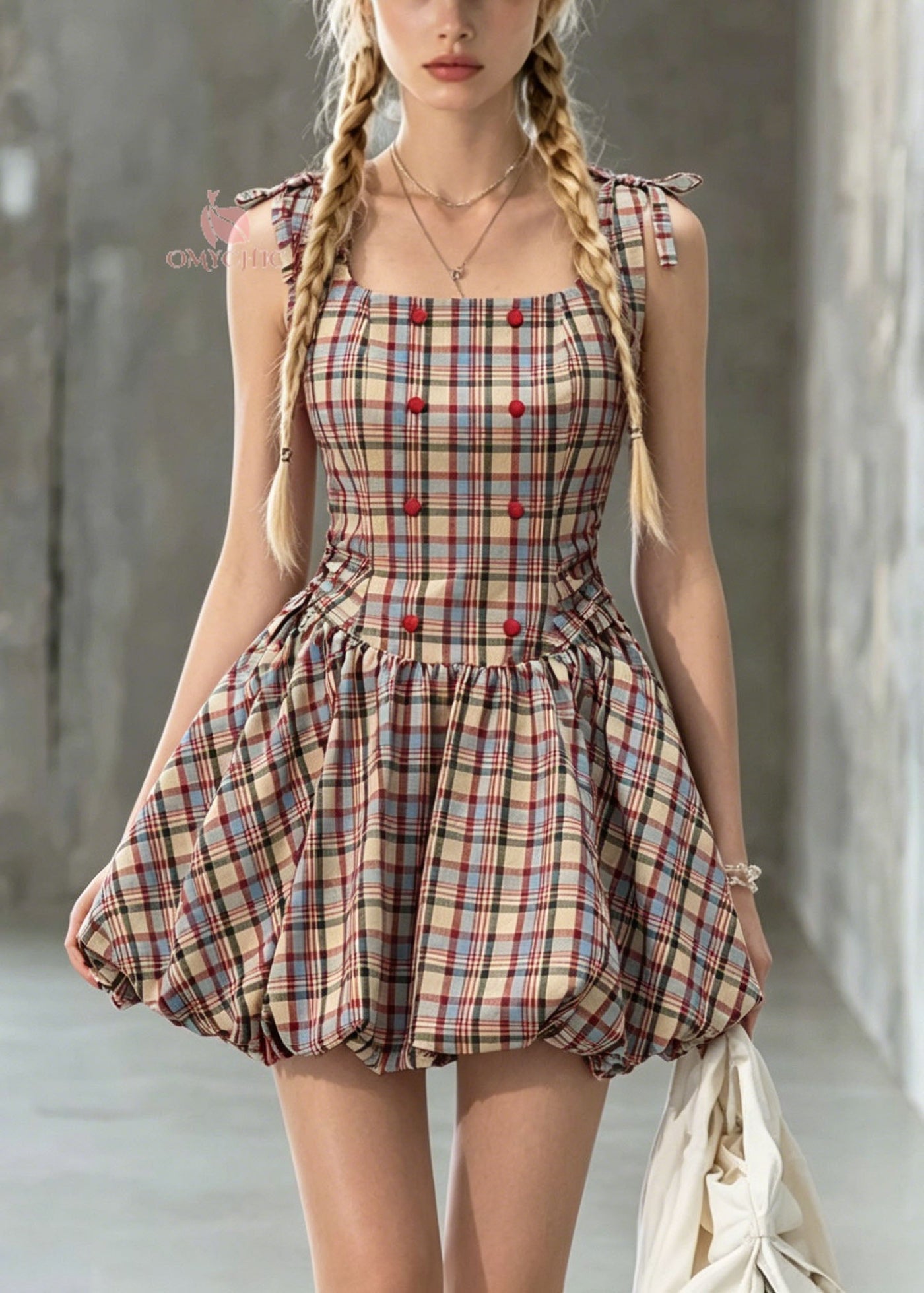 Cute Square Collar Plaid Lace Up Cotton Mini Dress Summer 3