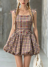 Cute Square Collar Plaid Lace Up Cotton Mini Dress Summer 3