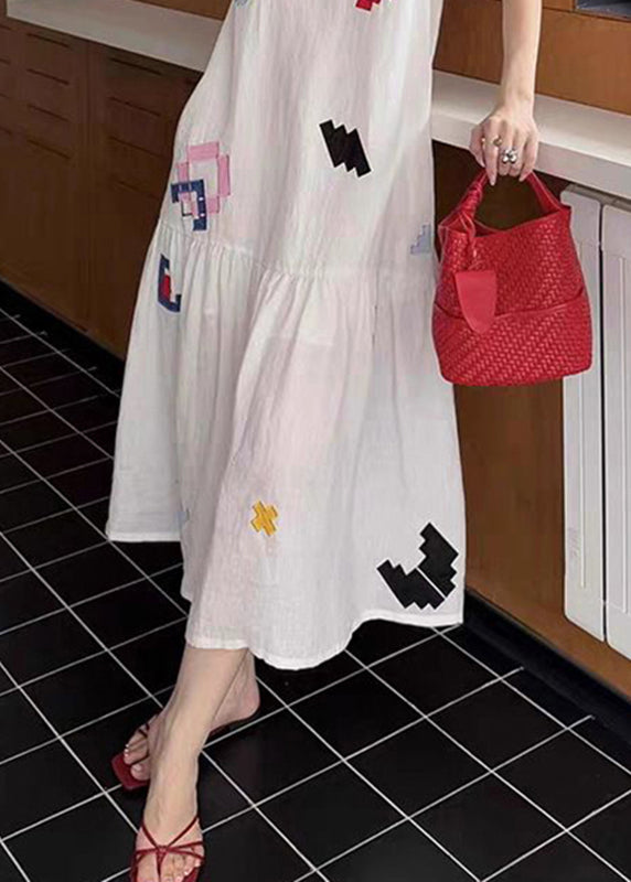 Cute White O-Neck Print Long Dress Sleeveless