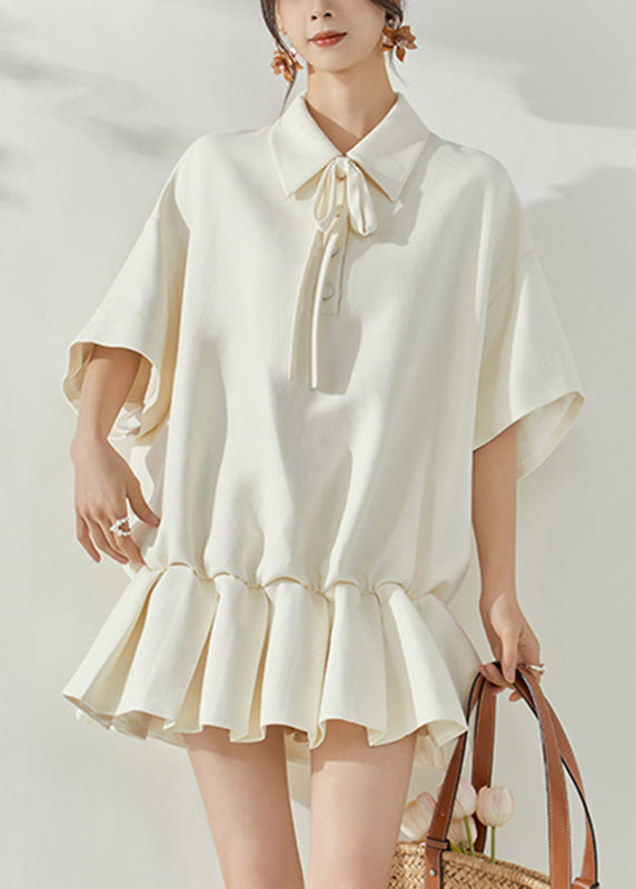 Peter Pan Collar Tie Neck Short Sleeve Ruffle Peplum Mini Dress