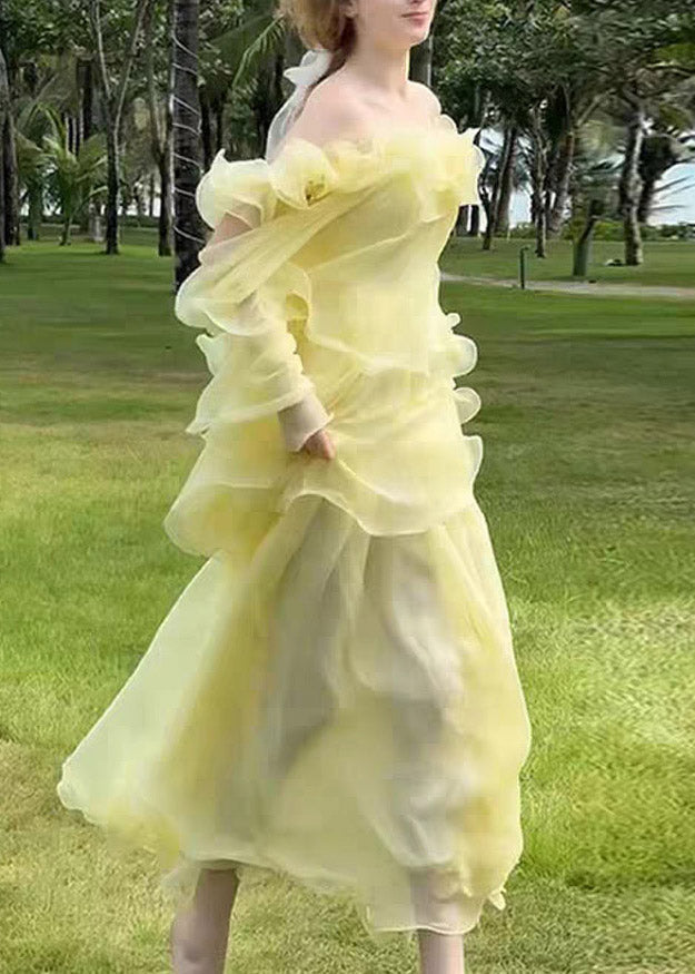 Cute Yellow Slash Neck Ruffled Patchwork Tulle Maxi Dress Sleeveless - View 4