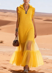 Cute Yellow V Neck Ruffled Tulle Patchwork Cotton Knit Long Dress Sleeveless