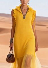 Cute Yellow V Neck Ruffled Tulle Patchwork Cotton Knit Long Dress Sleeveless 2