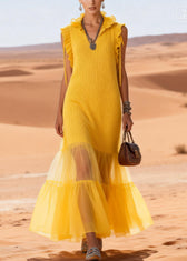 Cute Yellow V Neck Ruffled Tulle Patchwork Cotton Knit Long Dress Sleeveless 3