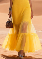 Cute Yellow V Neck Ruffled Tulle Patchwork Cotton Knit Long Dress Sleeveless 4