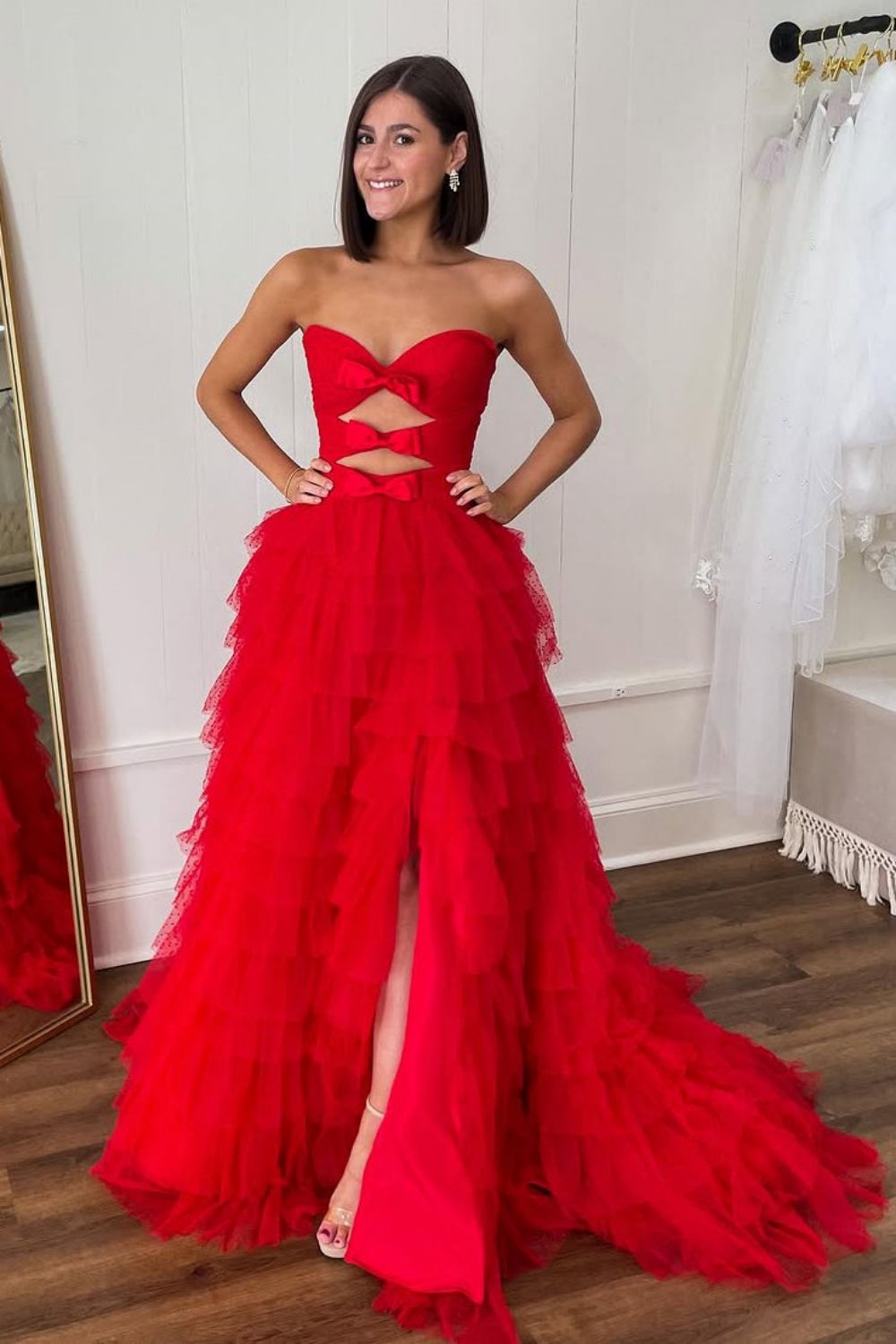 Cute Red A-Line Sweetheart Long Tulle Prom Dress with Bowknot Slit