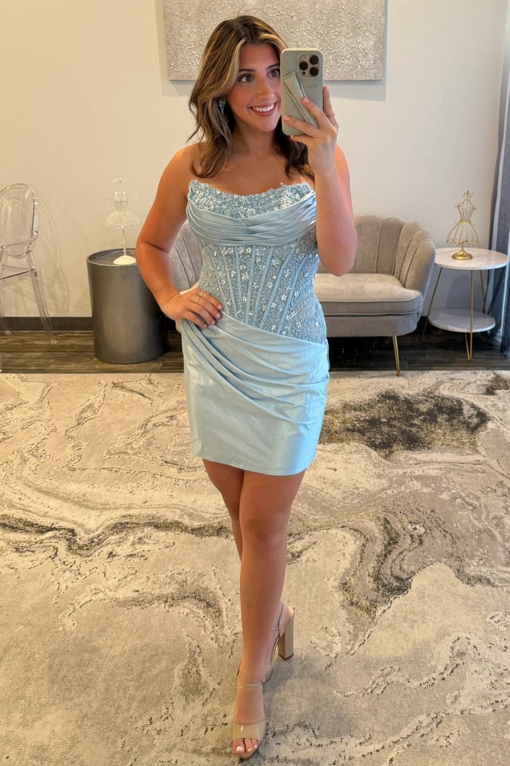 Glamorous Strapless Champagne Homecoming Dress with Beaded Corset and Draped Skirt