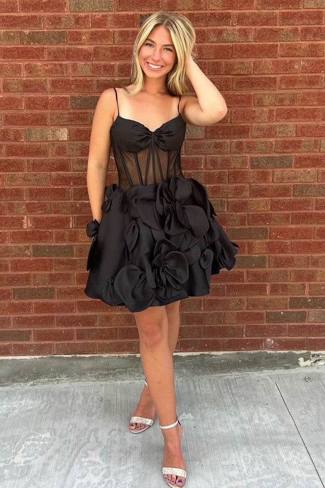 Cute Yellow A-Line Spaghetti Straps Short Floral Satin Homecoming Dress
