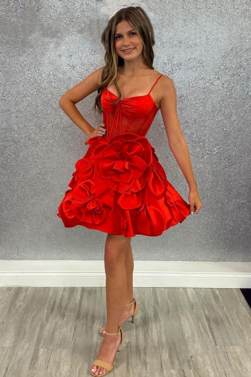 Cute Yellow A-Line Spaghetti Straps Short Floral Satin Homecoming Dress