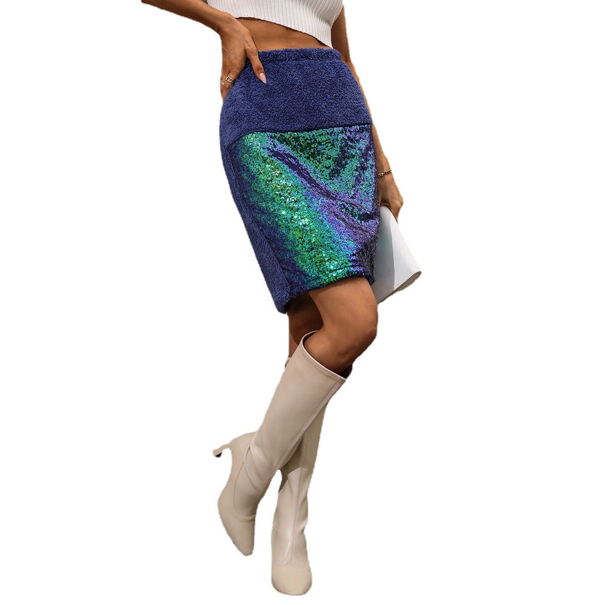 High-Waist Sequin Pleated Denim Mini Skort