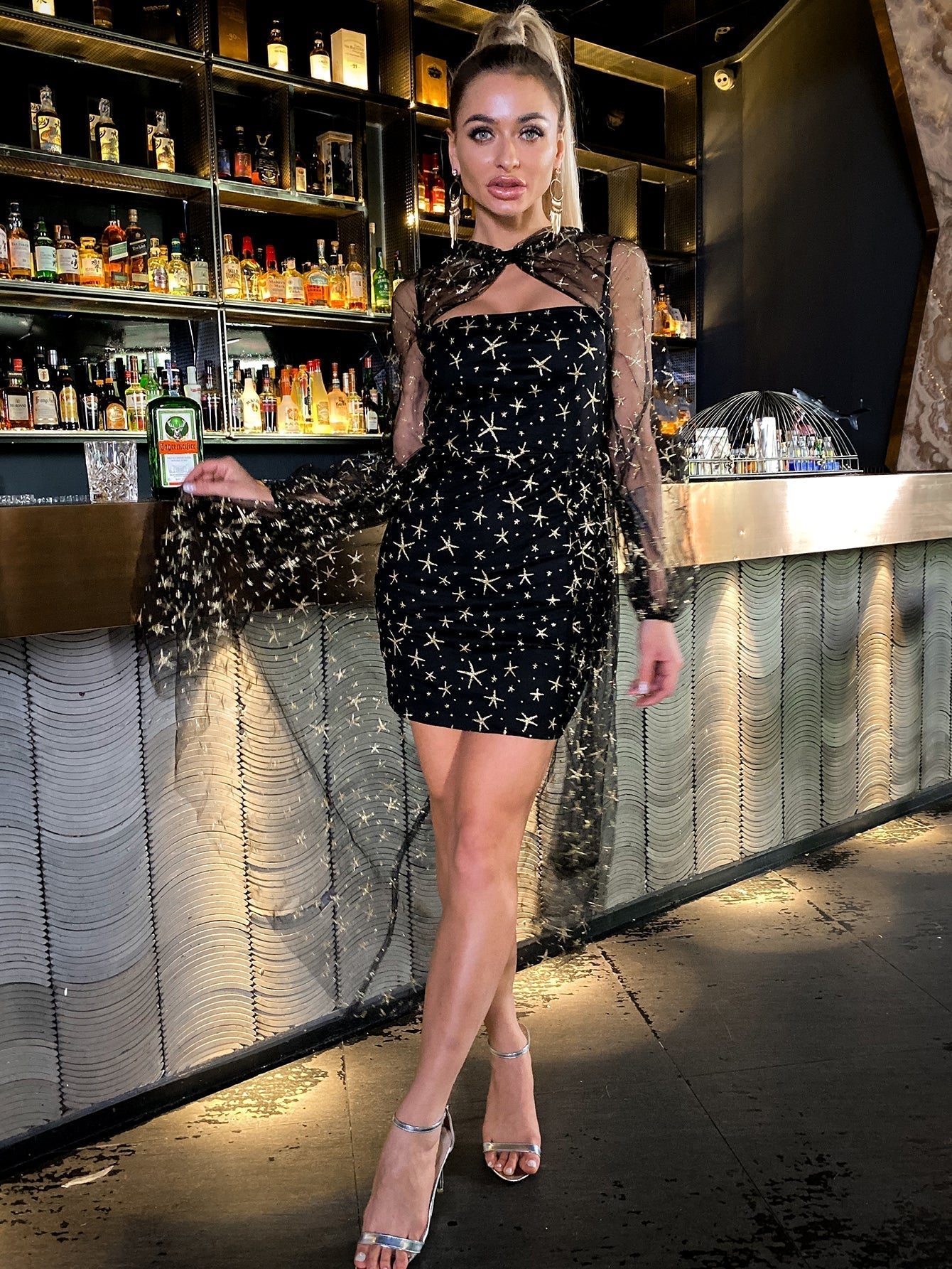 Cutout Front Star Mesh Overlay Asymmetric fashion design Dress