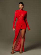 Draped Split Mesh Maxi Dress In Red