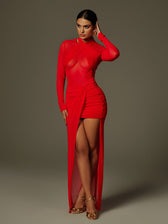 Draped Split Mesh Maxi Dress In Red - View 3