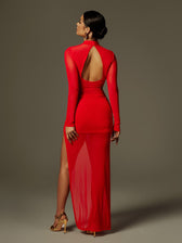 Draped Split Mesh Maxi Dress In Red - View 6