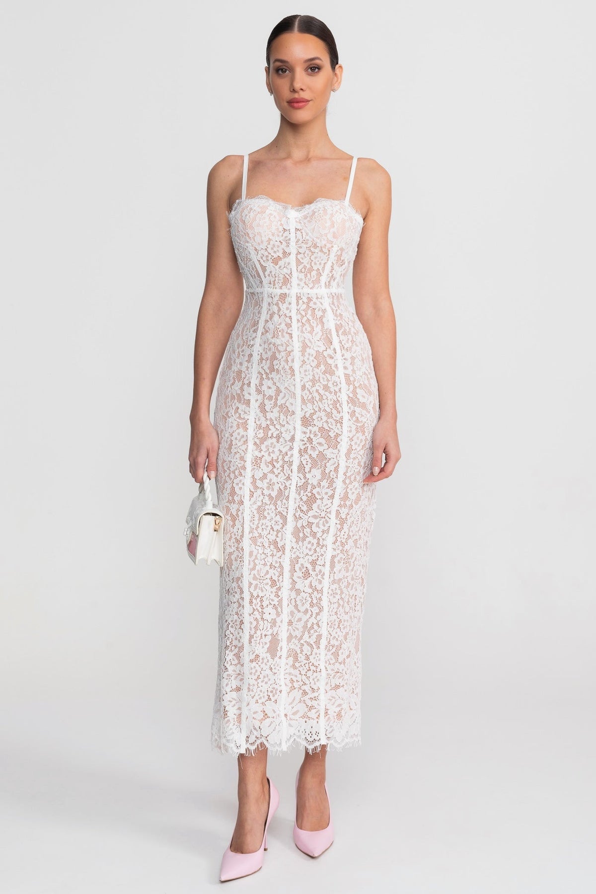 Lace Sweetheart Neck Spaghetti Strap Corset Bodice Scalloped Hem Midi Dress 5