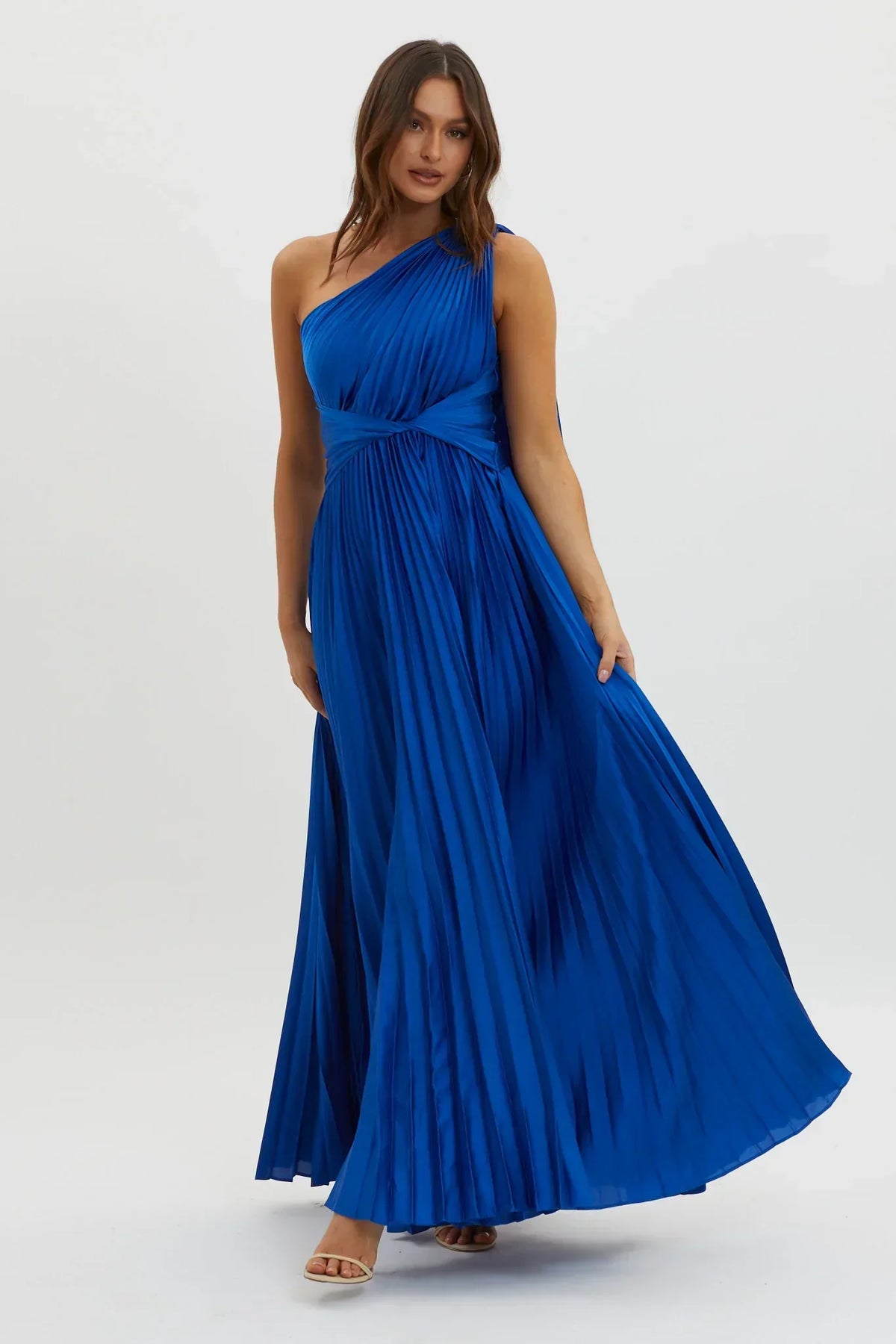 Satin One Shoulder Twist Waist Accordion Pleated Maxi Dress
