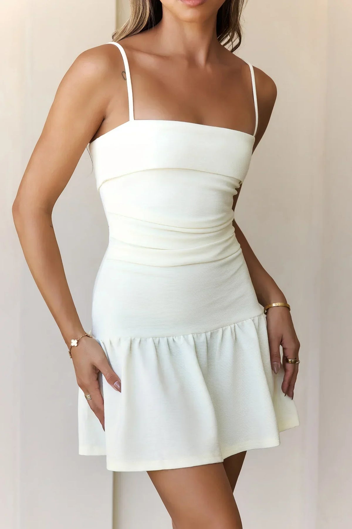 Straight Neck Cami Strap Ruched Drop Waist Ruffle Hem Mini Dress 5