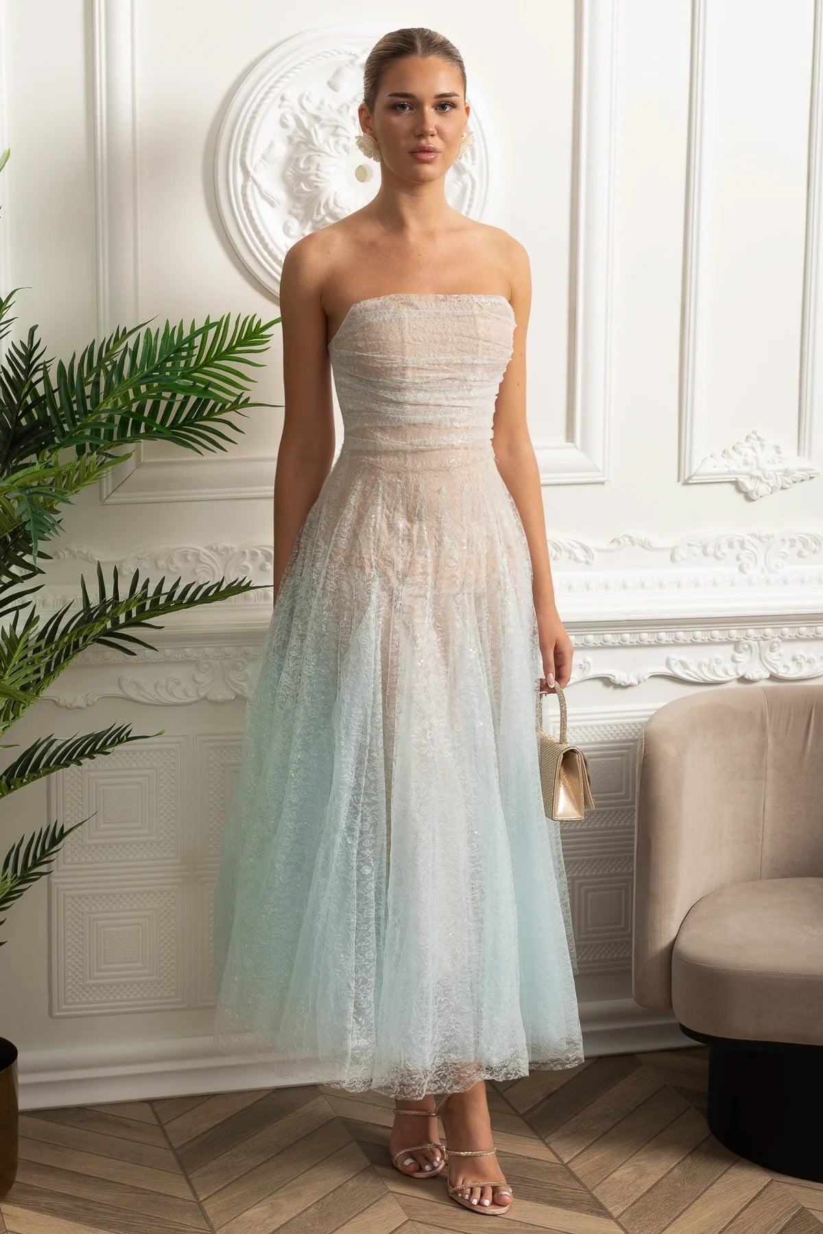 Strapless Ombre Lace Tulle A-Line Midi Dress 2