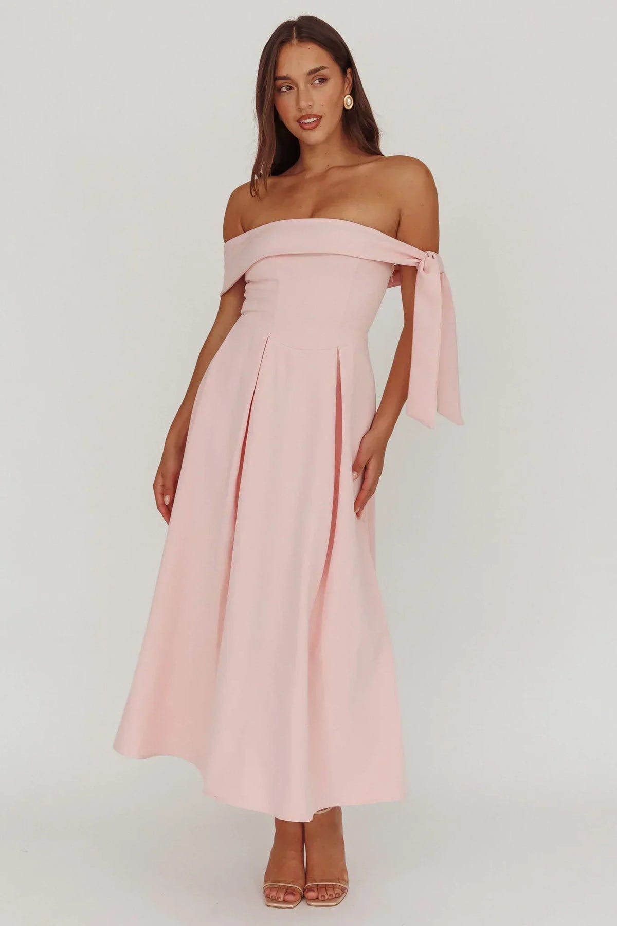 Off Shoulder Tie Sleeve Box Pleat A-Line Midi Dress