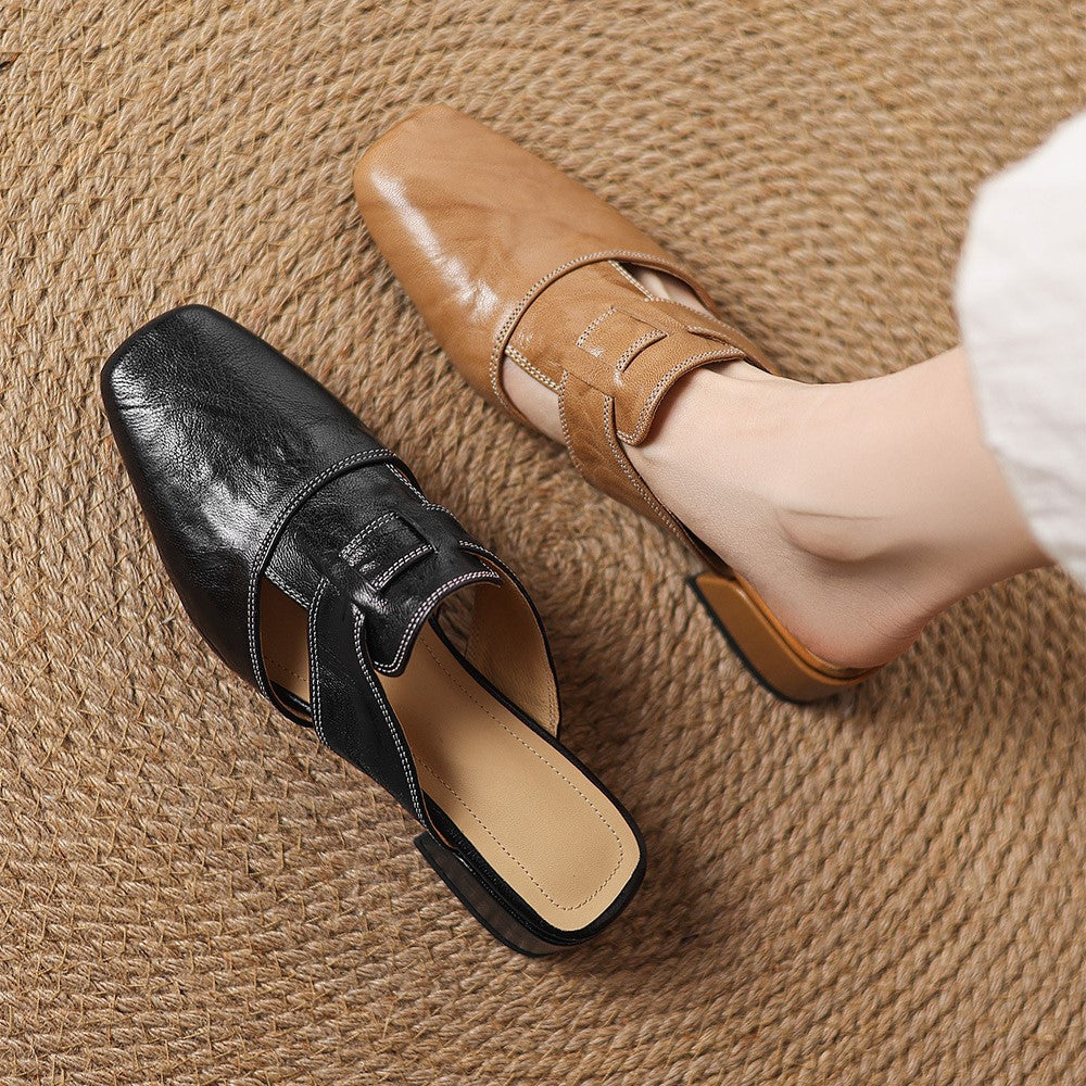 Closed Toe Buckle Strap Block Heel Mules