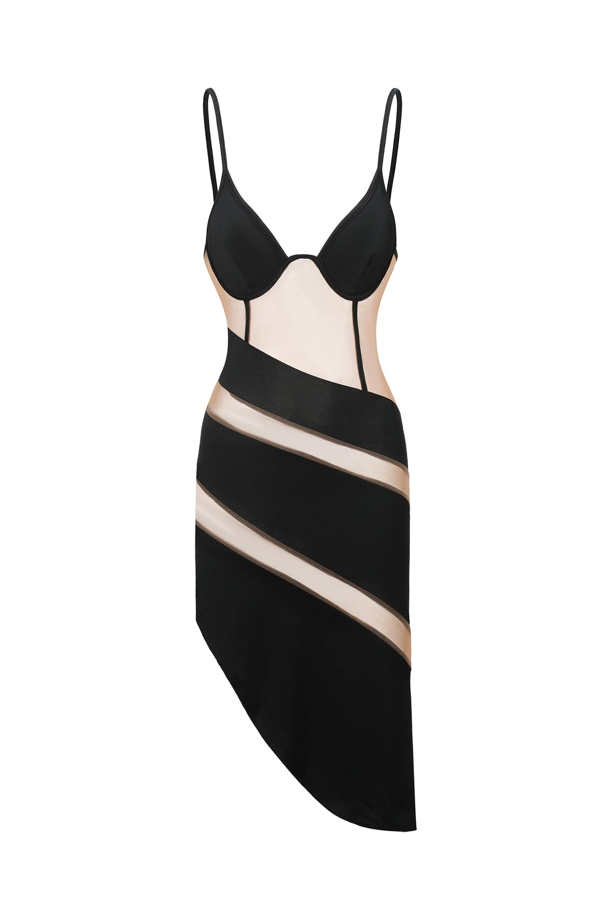 Sheer Mesh Panel Underwire Cup Spaghetti Strap Asymmetric Hem Midi Dress