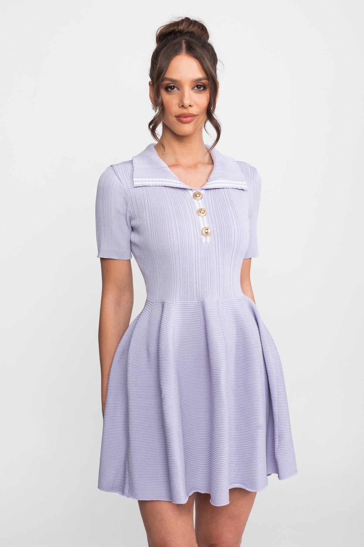 Ribbed Knit Polo Collar Short Sleeve Fit and Flare Mini Dress 2