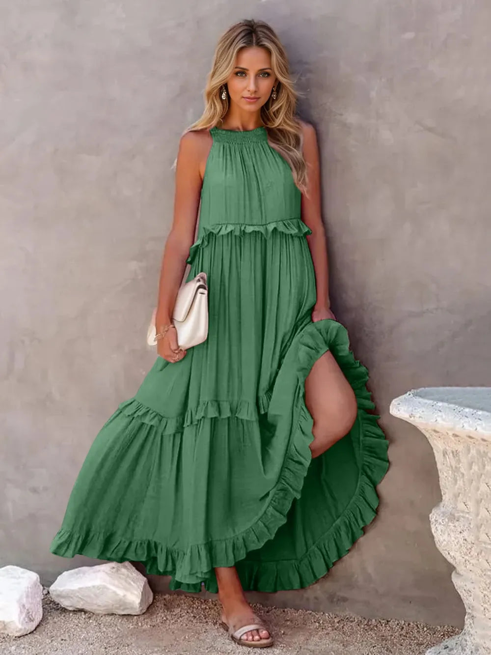 Halter Neck Sleeveless Tiered Ruffle Maxi Dress 16