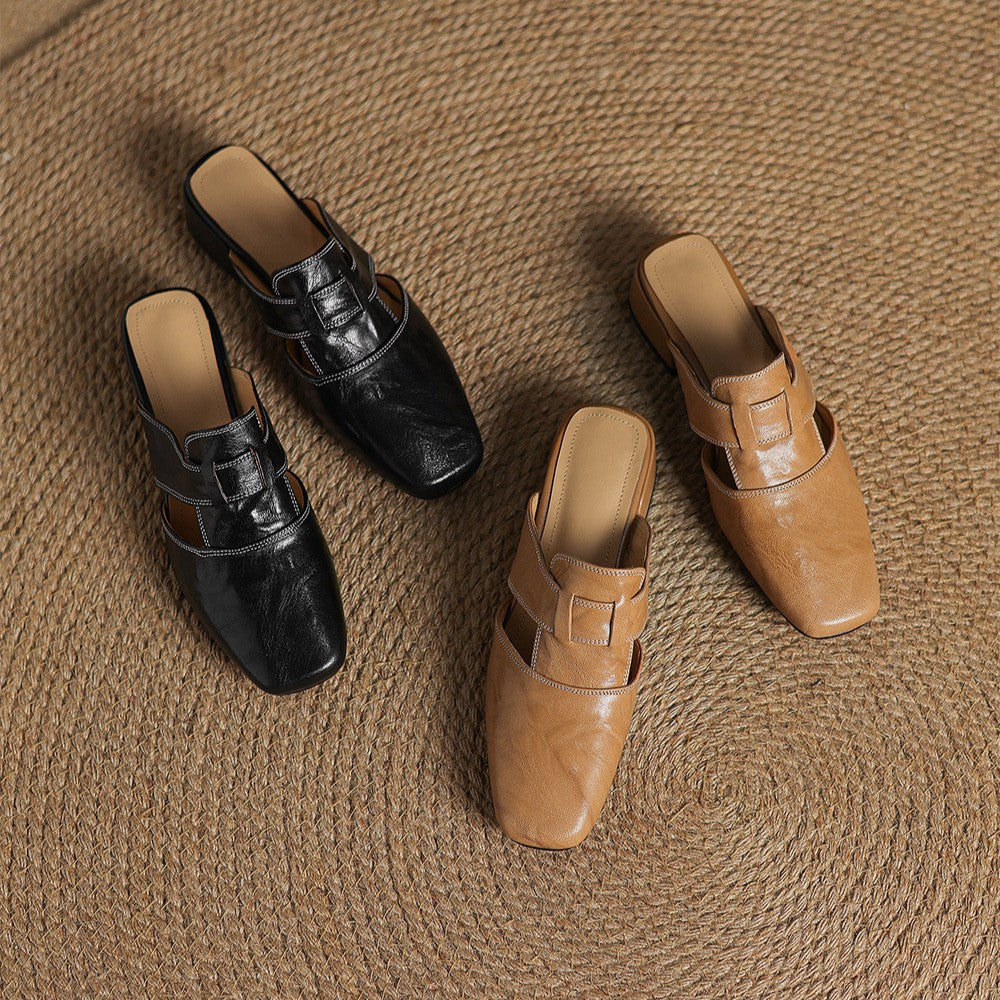 Closed Toe Buckle Strap Block Heel Mules