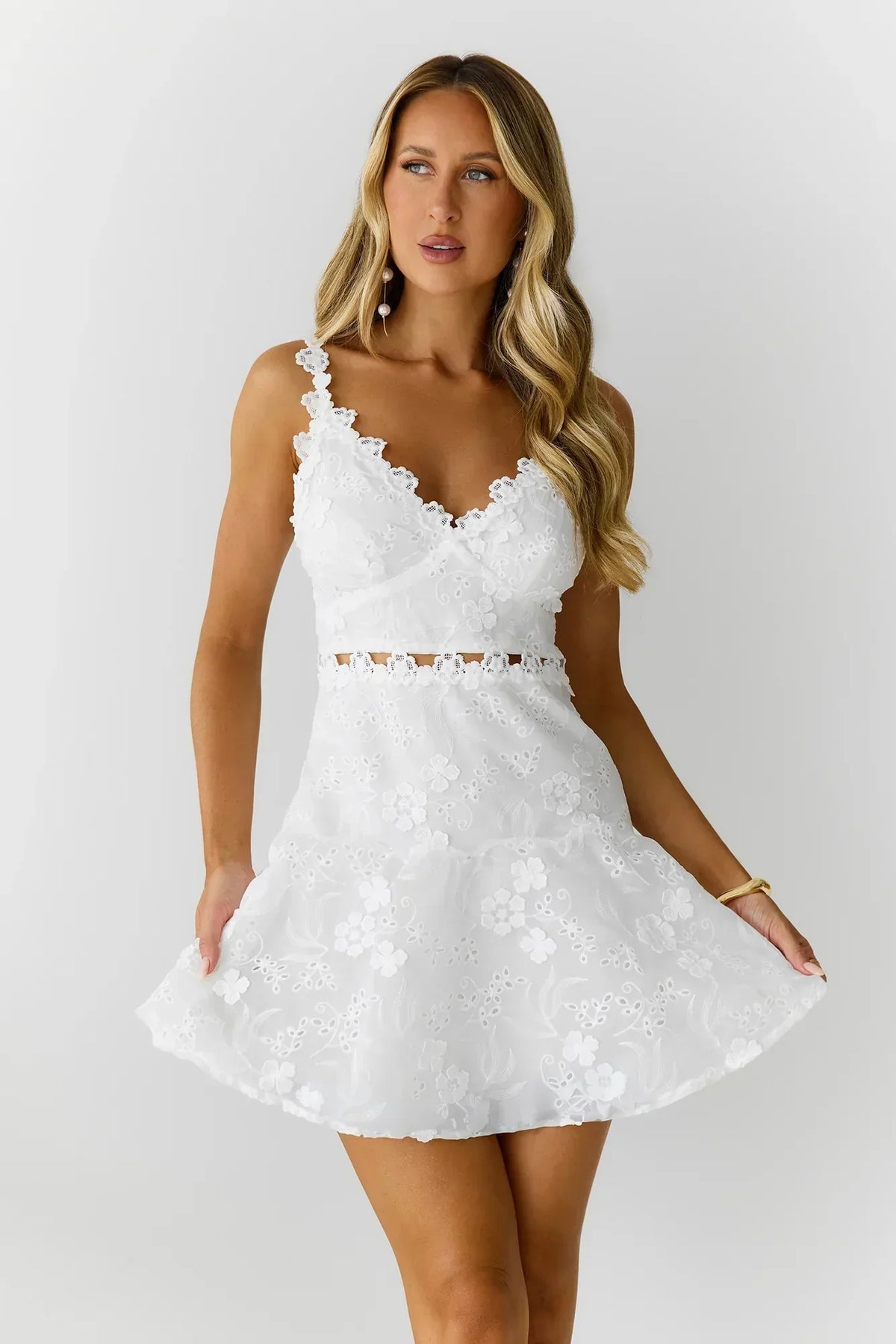 Floral Embroidered Lace Trim V-Neck Cut Out Waist Flared Mini Dress
