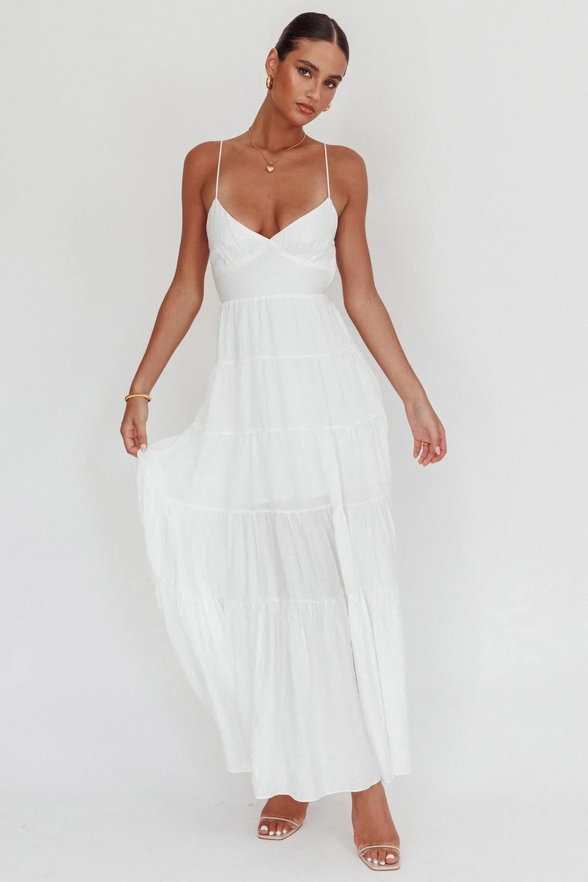 V-Neck Spaghetti Strap Tiered Empire Waist Maxi Dress 4