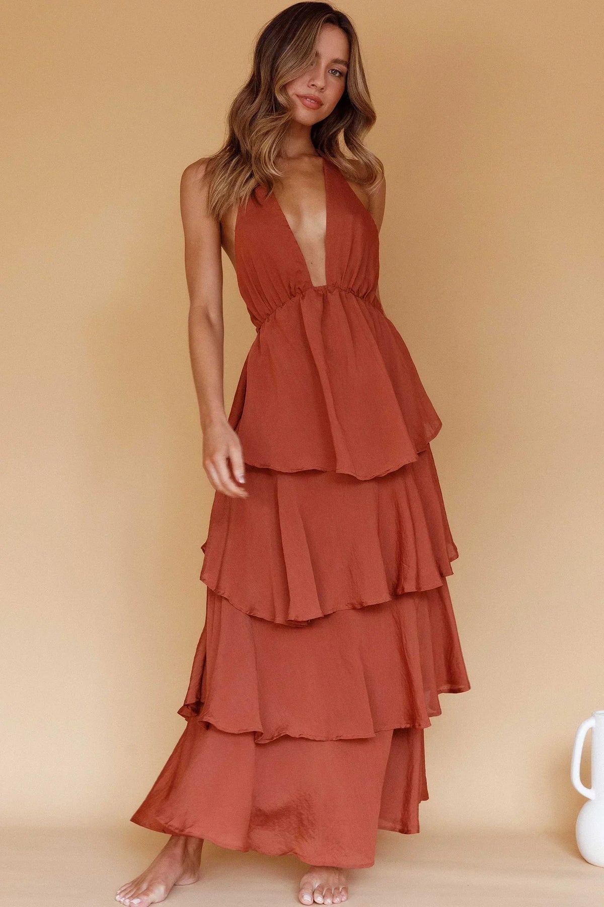Plunge Halter Neck Tie Back Tiered Ruffle Maxi Dress 5