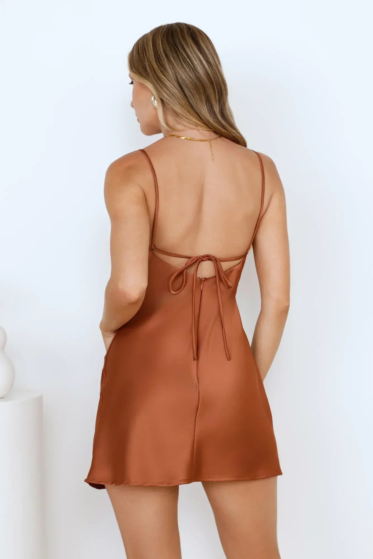 Satin V-Neck Spaghetti Strap Twist Bust Slip Mini Dress 6