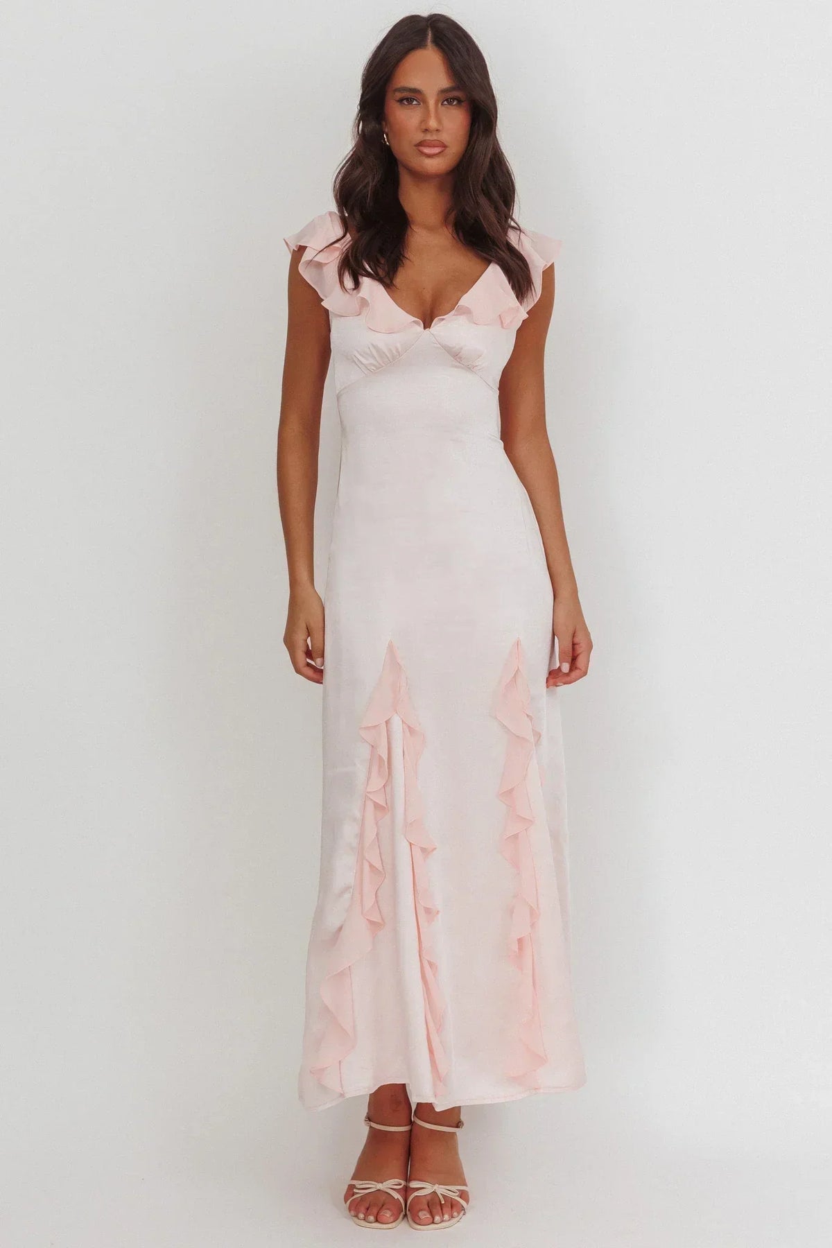 Satin V-Neck Ruffle Sleeve Ruffle Panel Maxi Dress 3