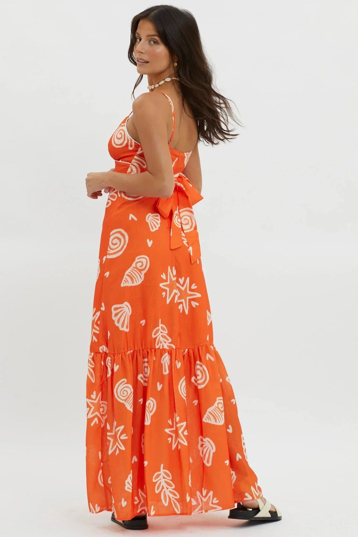 Shell Print V-Neck Contrast Piping Tiered Hem Maxi Dress 3