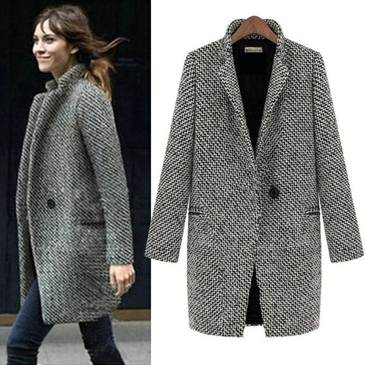 Tweed Look Lapel Single Breasted Longline Coat