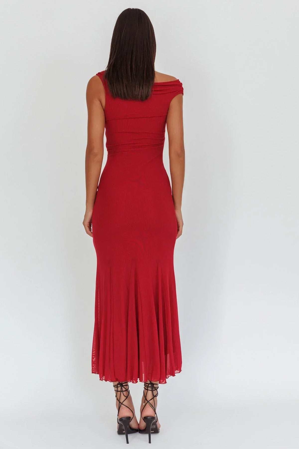 Mesh Asymmetric Off Shoulder Godet Hem Fitted Maxi Dress 2